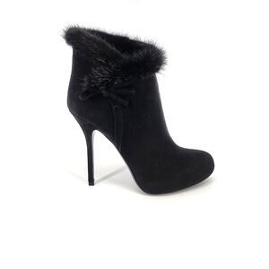 Christian Dior Black Suede Fur-Trim Stiletto Booties Size 39